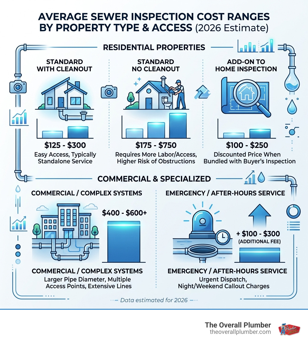infographic showing average sewer inspection cost ranges by property type and access - cost for sewer inspection infographic infographic showing average sewer inspection cost ranges by property type and access - cost for sewer inspection infographic