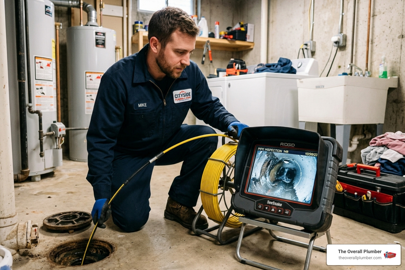 plumber looking at sewer camera monitor screen - cost for sewer inspection plumber looking at sewer camera monitor screen - cost for sewer inspection