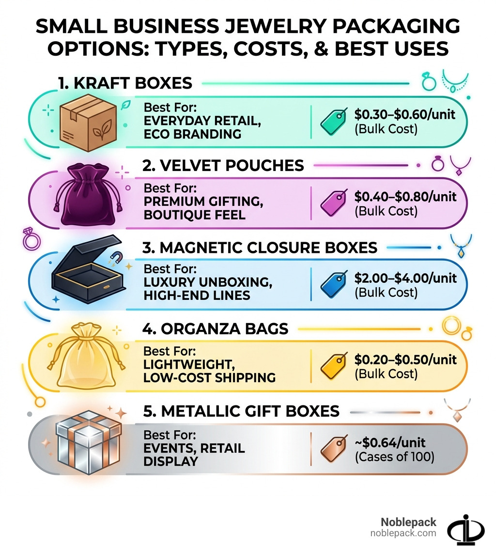 Small business jewelry packaging options: types, costs, and best uses infographic - small business jewelry packaging
