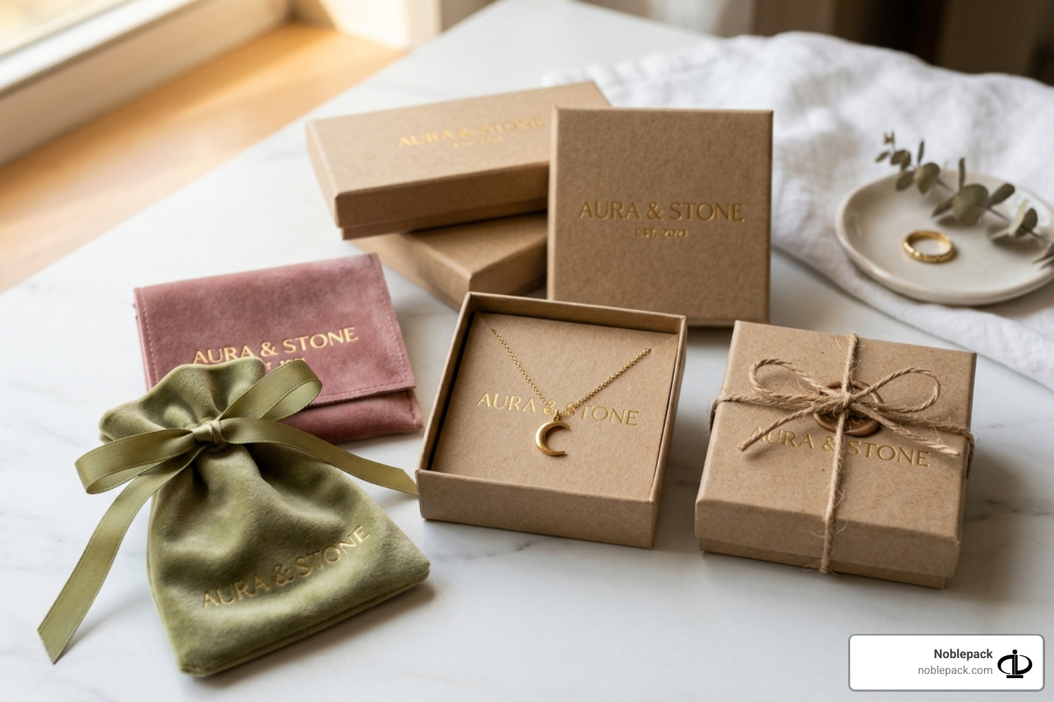Branded kraft boxes and elegant velvet pouches for jewelry brands - small business jewelry packaging