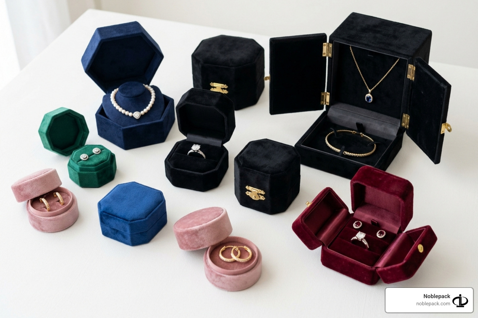 various box geometries including octagons, hexagons, and double-door designs - velvet jewelry boxes wholesale