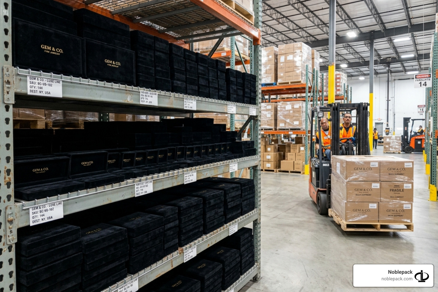 velvet boxes in a warehouse setting ready for bulk shipment - velvet jewelry boxes wholesale