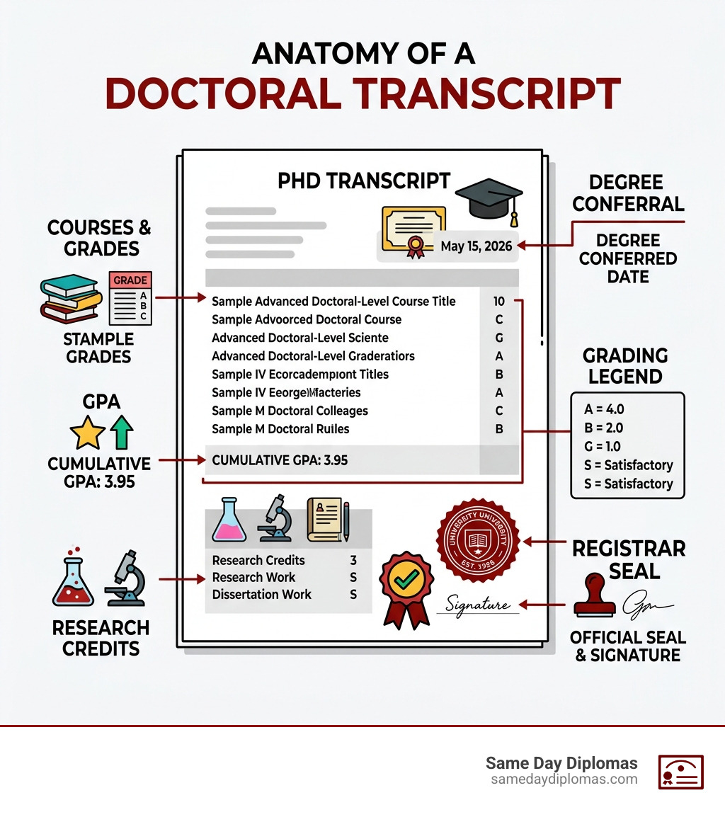 Infographic showing anatomy of a doctoral transcript: courses, grades, GPA, research credits, degree conferral, grading