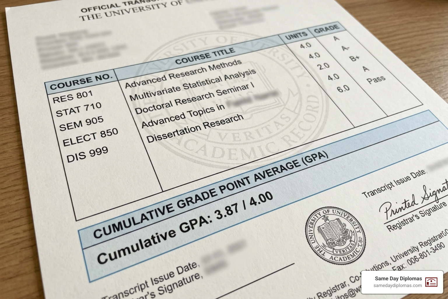 Example of a graduate GPA calculation on a PhD record - phd transcript with grades