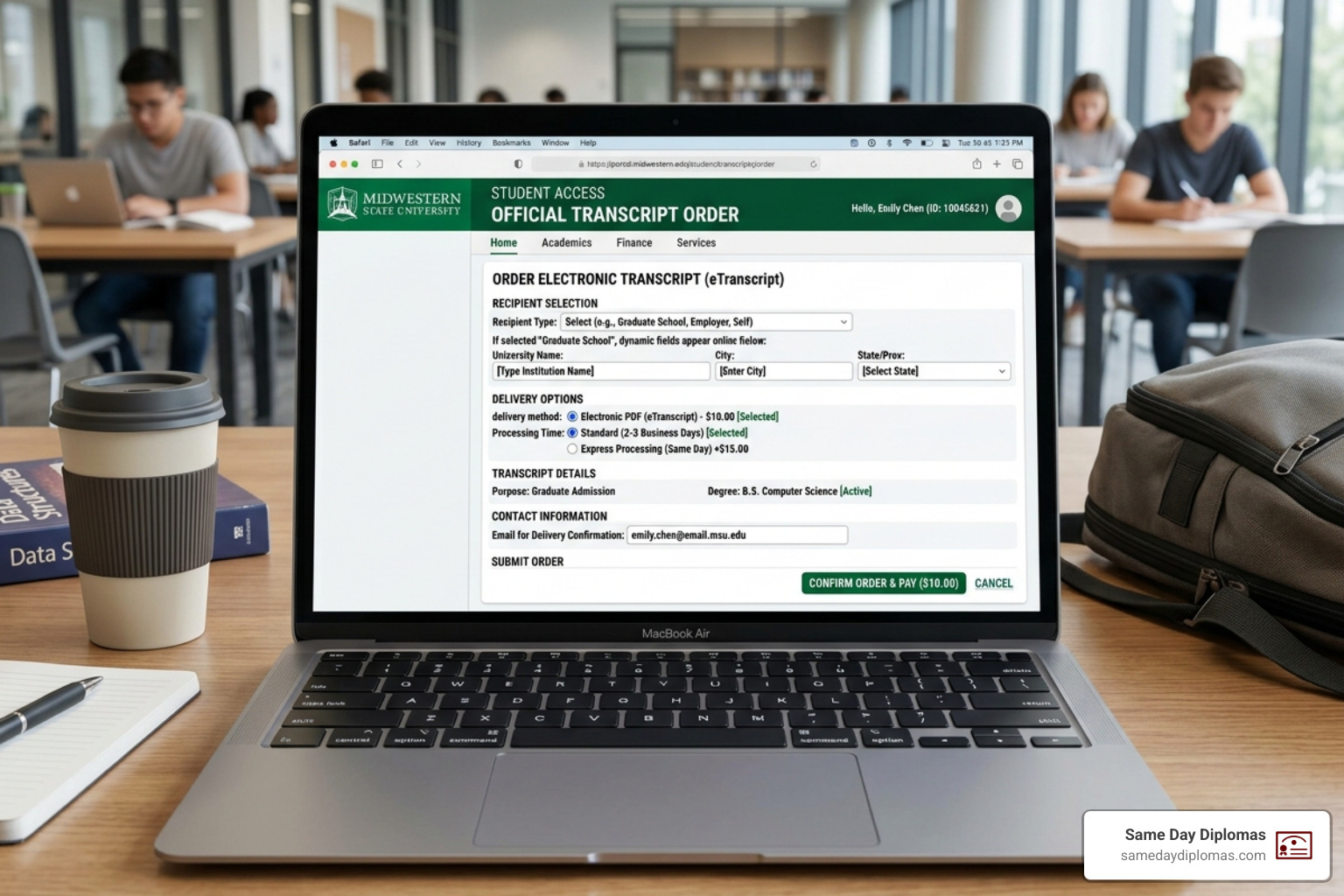 Interface for ordering an electronic transcript via a student portal - phd transcript with grades