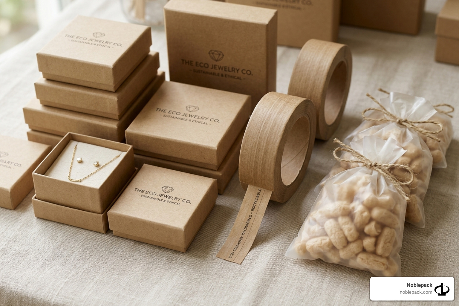 Eco-friendly packaging options: recycled kraft boxes, paper-based tape, and biodegradable void fill - jewelry shipping Eco-friendly packaging options: recycled kraft boxes, paper-based tape, and biodegradable void fill - jewelry shipping