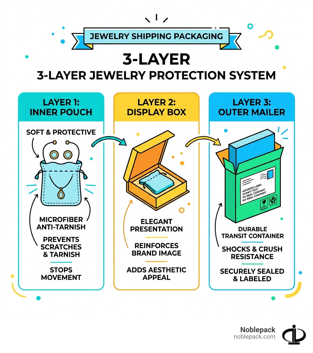 3-layer jewelry protection system: inner pouch, display box, outer corrugated mailer with labels - jewelry shipping 3-layer jewelry protection system: inner pouch, display box, outer corrugated mailer with labels - jewelry shipping