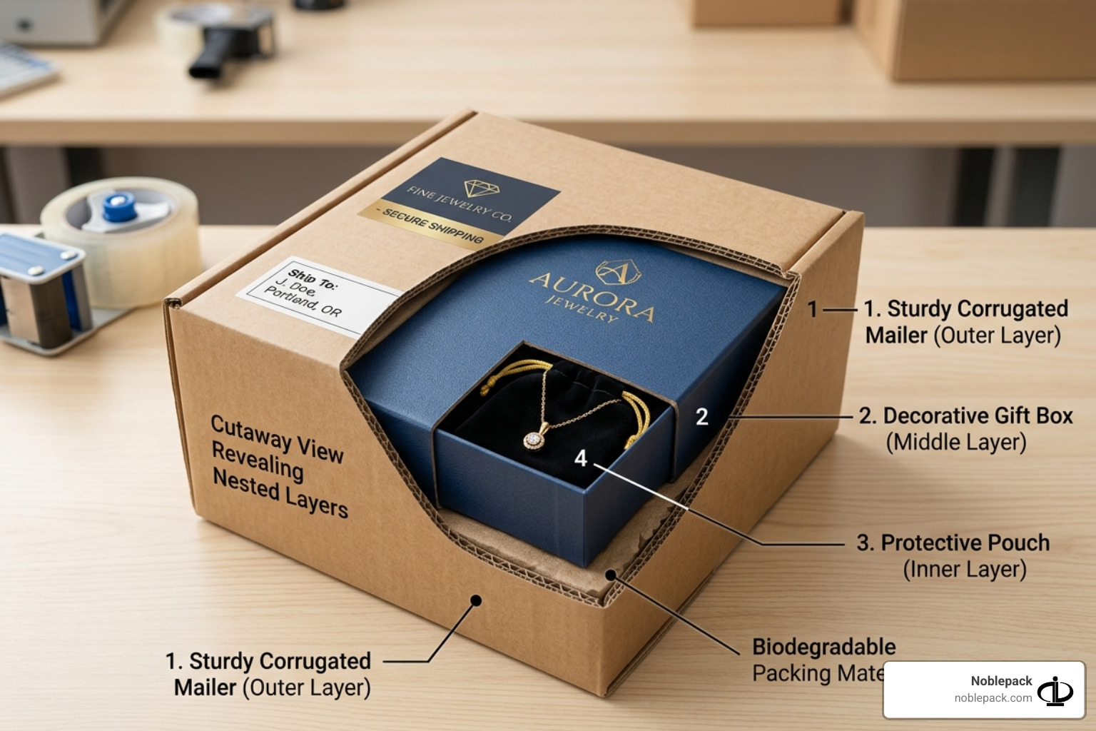 Diagram showing three layers: jewelry in a pouch, pouch inside a gift box, gift box inside a corrugated mailer - jewelry Diagram showing three layers: jewelry in a pouch, pouch inside a gift box, gift box inside a corrugated mailer - jewelry