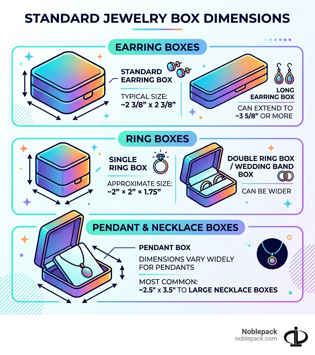 Standard jewelry box dimensions for earrings, rings, and pendants - earring boxes wholesale infographic