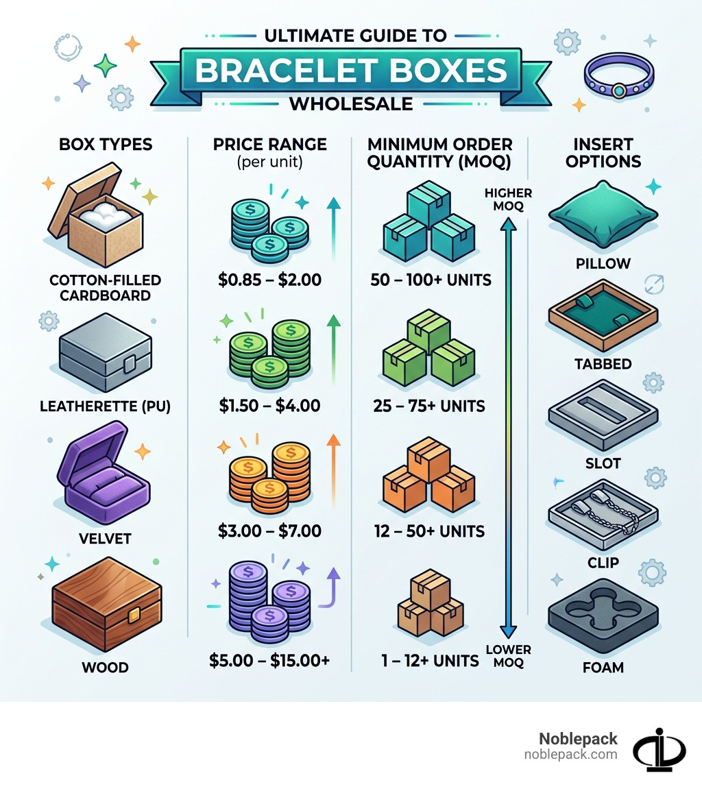 Infographic showing bracelet box types, price ranges, MOQs, and insert options for wholesale buyers - bracelet boxes