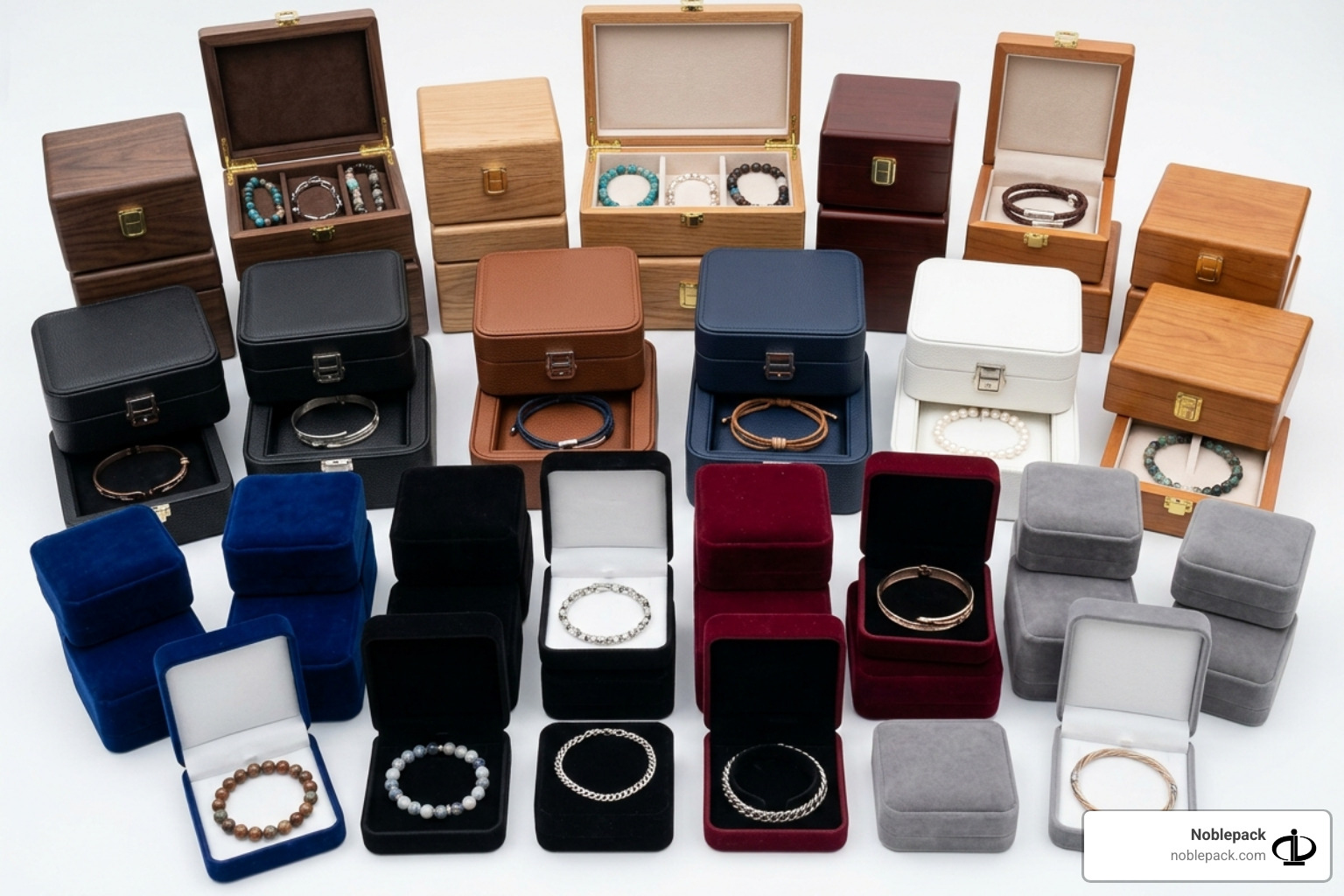 various bracelet box styles including velvet, leatherette, and wooden - bracelet boxes wholesale