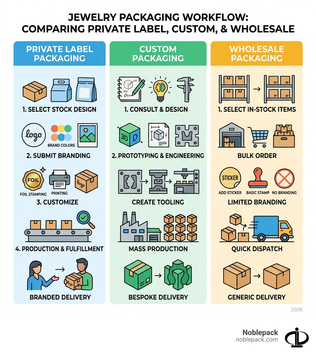 Private label vs custom vs wholesale jewelry packaging workflow infographic - private label jewelry packaging infographic