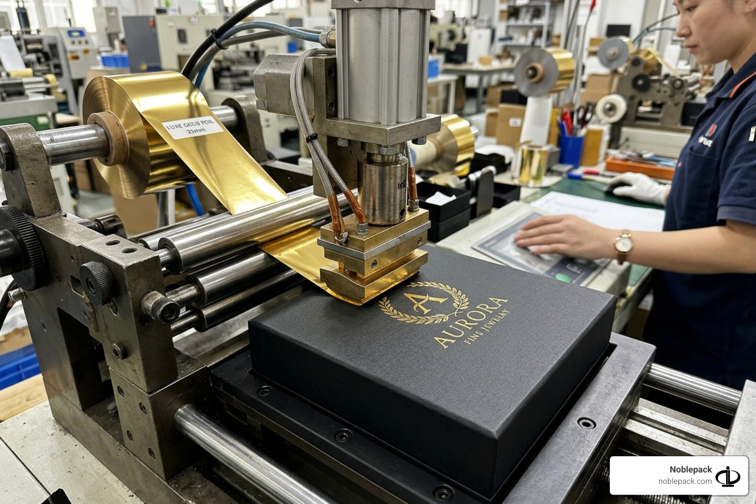hot foil stamping process on a luxury jewelry box - private label jewelry packaging