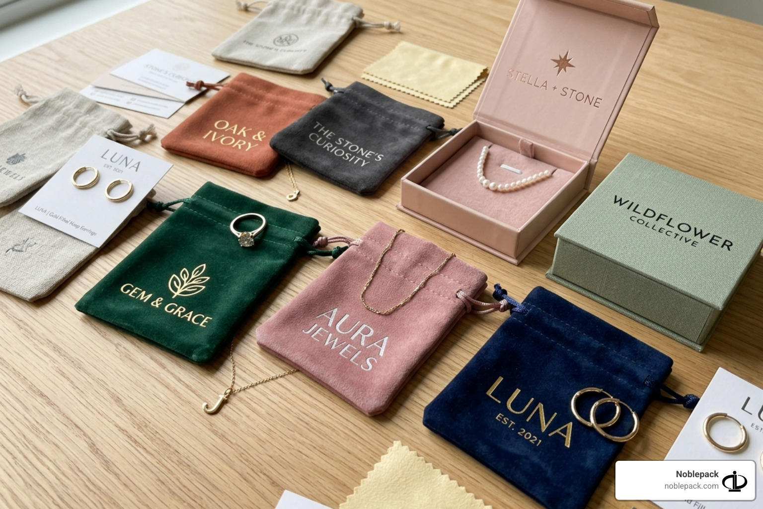 diverse branded jewelry pouches and boxes for small businesses - private label jewelry packaging
