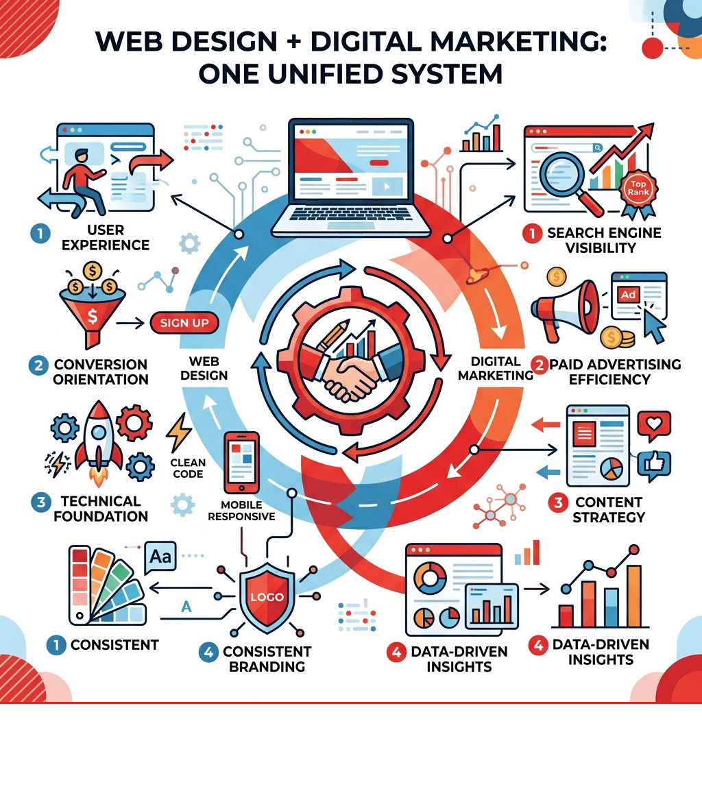 Infographic showing how web design and digital marketing work together as one system - web design digital marketing