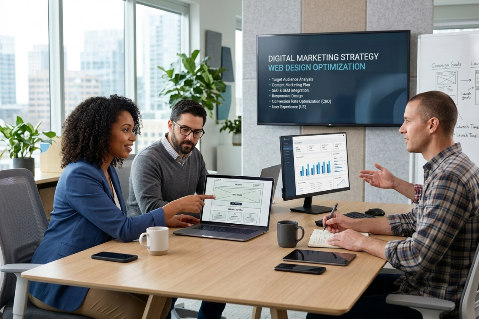 A data analytics dashboard showing rising traffic and conversion rates - web design digital marketing