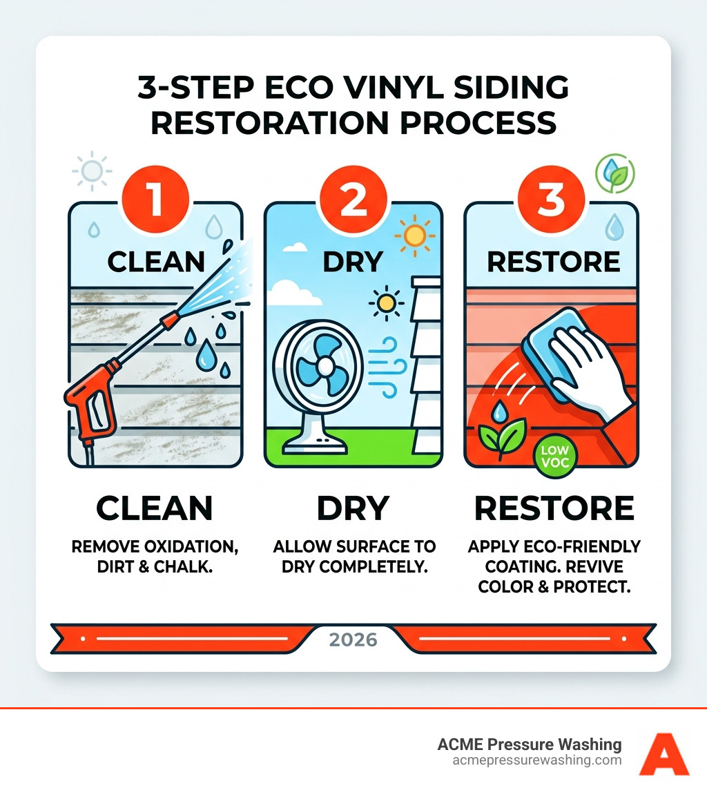 3-step eco vinyl siding restoration process infographic showing clean, dry, restore - eco vinyl siding restoration