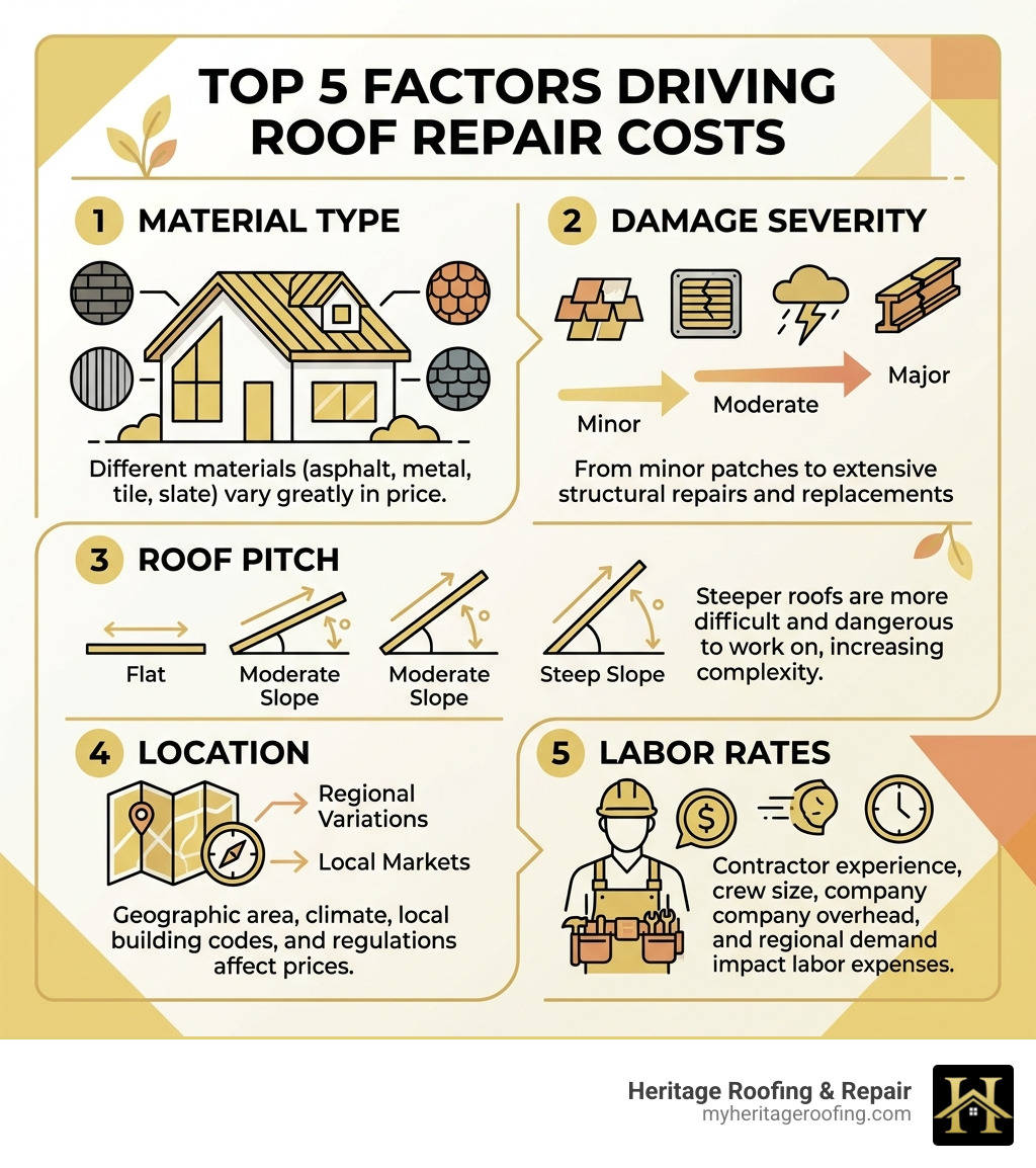Infographic showing top 5 factors that drive roof repair costs: material type, damage severity, roof pitch, location, and