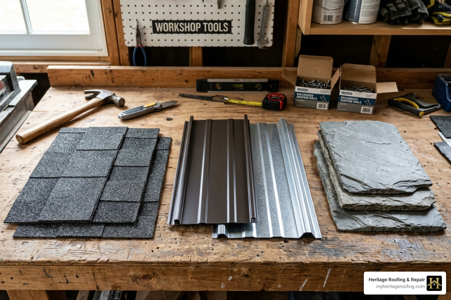 various roofing material samples including slate, metal, and asphalt - average cost to fix a roof
