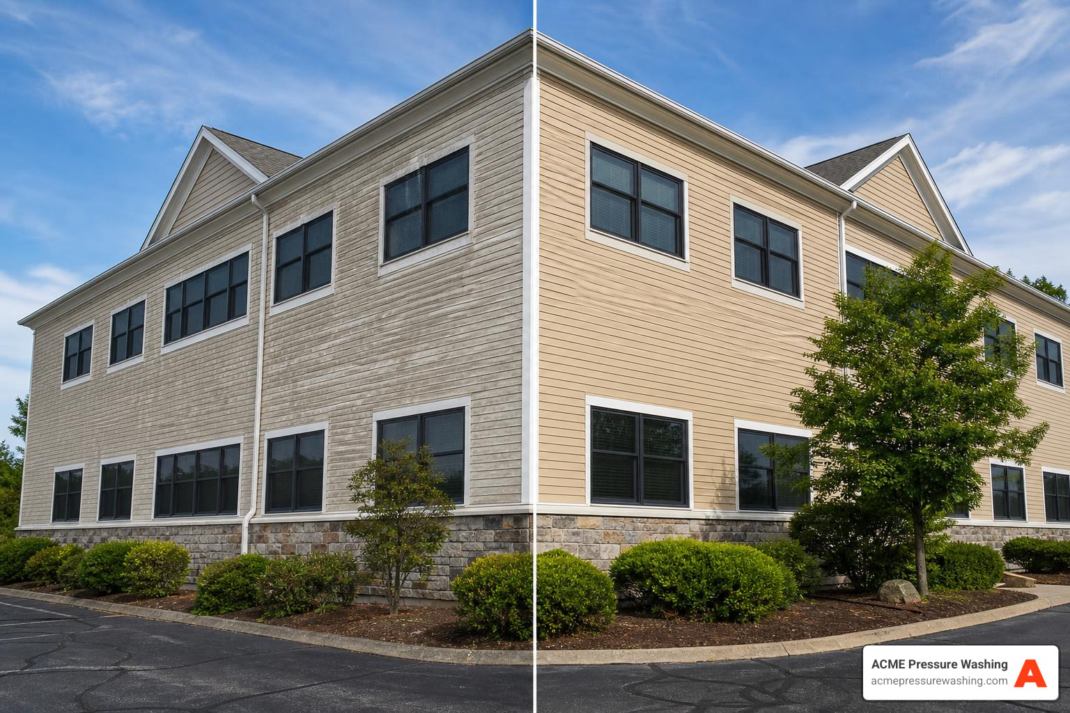 Professional restoration of a commercial building in Bedford showing the transition from chalky to vibrant - eco vinyl