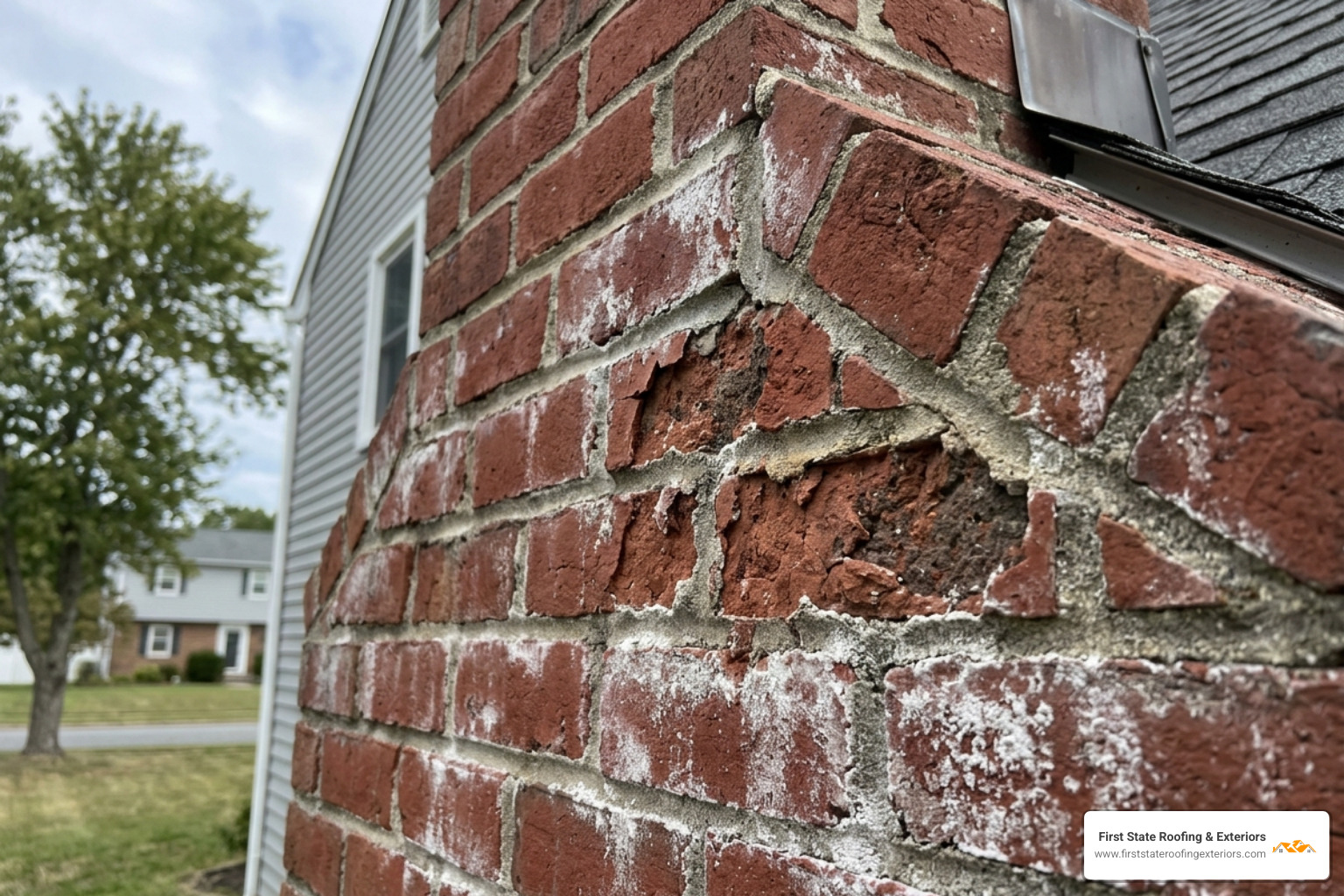 Efflorescence and spalling bricks on a Delaware home chimney - chimney repair Milford DE