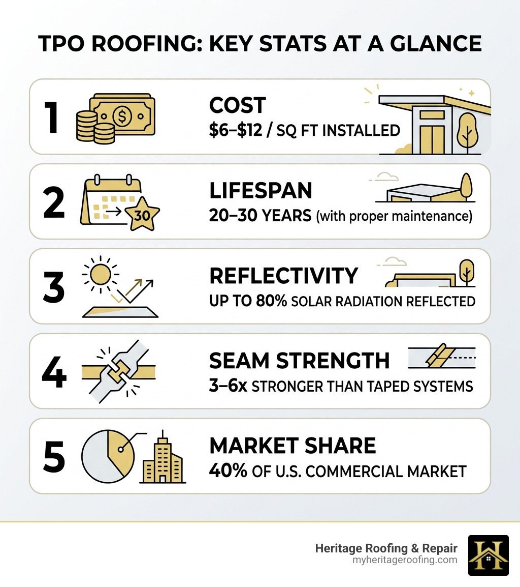 Infographic showing TPO roofing key stats: cost, lifespan, reflectivity, seam strength, and market share - Northwest