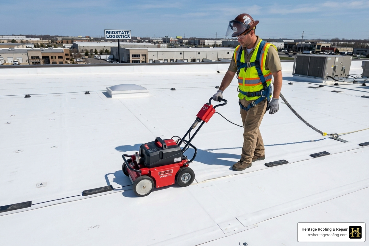 Technician using a robotic hot-air welder to fuse TPO seams on a commercial roof - Northwest Arkansas commercial TPO roofing