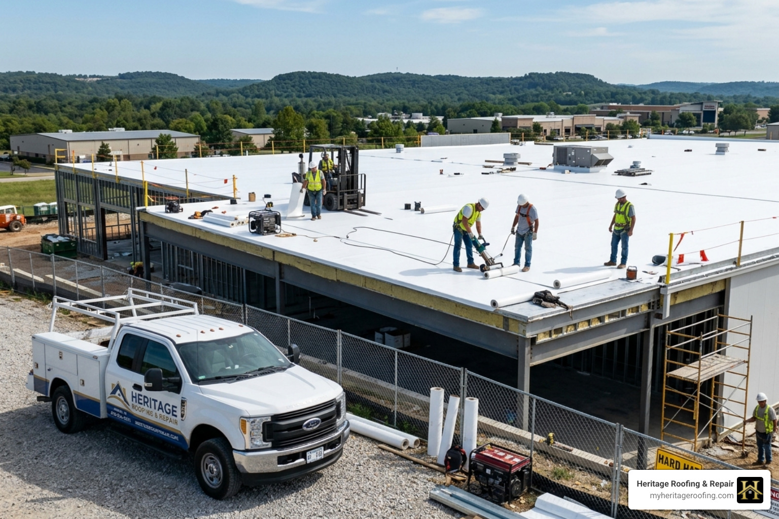 Heritage Roofing & Repair service vehicle on site at a commercial project in Rogers, AR - Northwest Arkansas commercial TPO