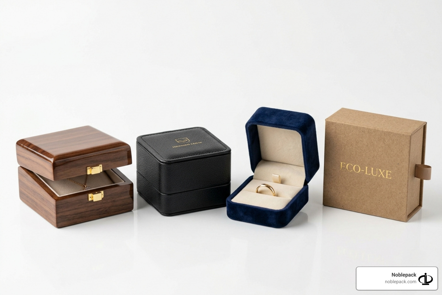 Showcase of various jewelry box materials including wood, leatherette, and recycled paperboard - branded jewelry packaging