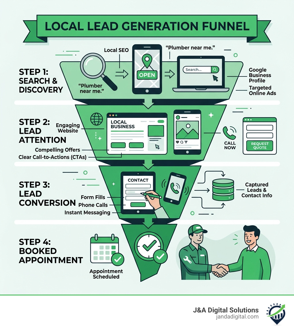 Local lead generation funnel from search to booked appointment infographic - local lead gen business infographic Local lead generation funnel from search to booked appointment infographic - local lead gen business infographic