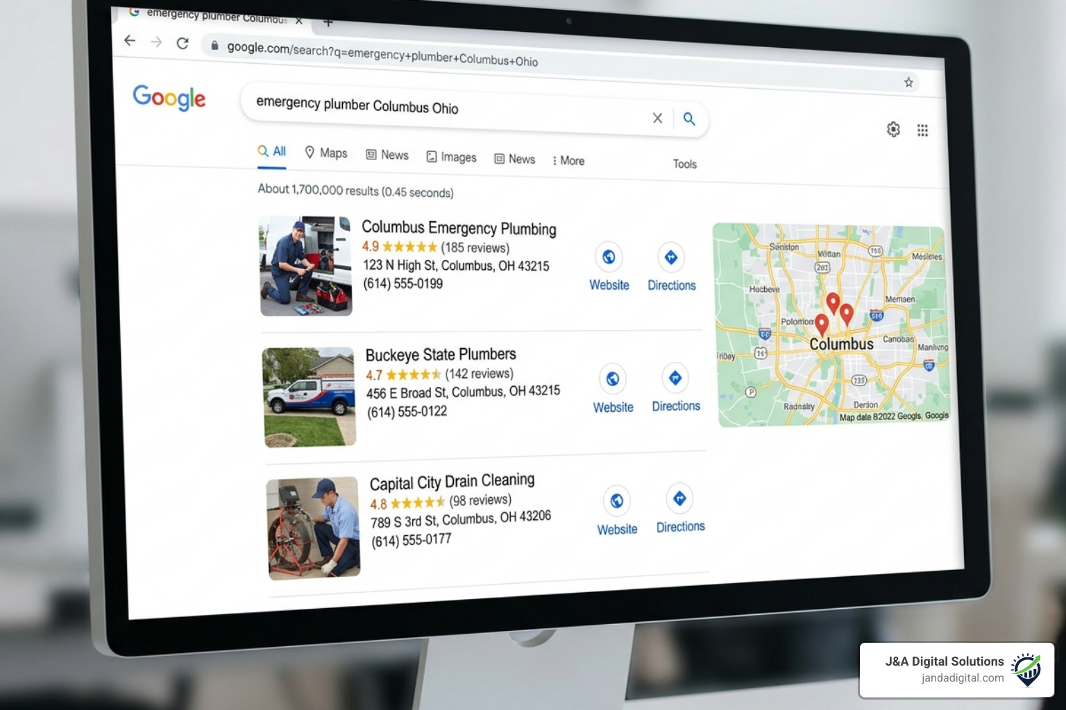 Google Search result showing the local map pack for a service business - local lead gen business Google Search result showing the local map pack for a service business - local lead gen business