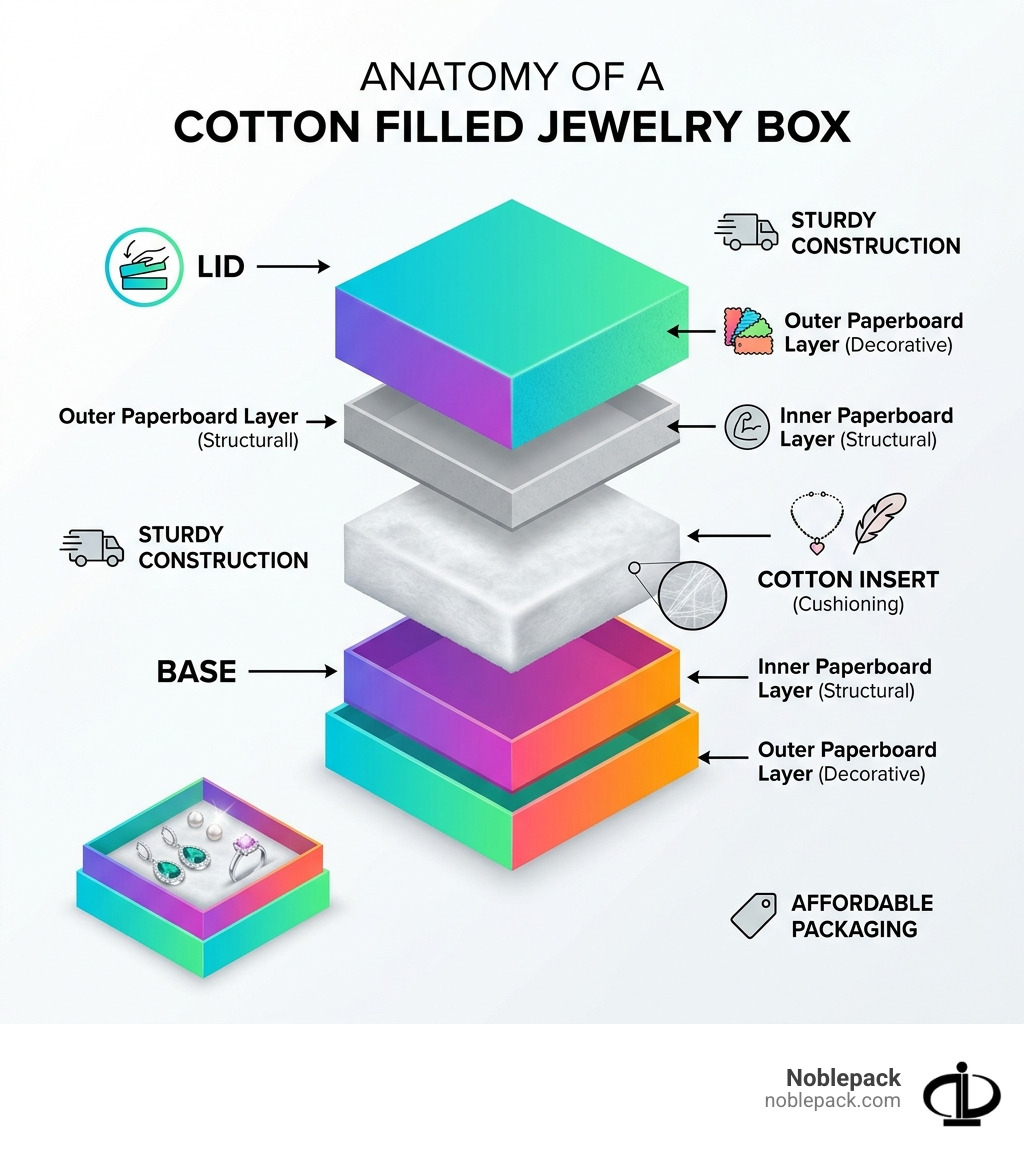 Anatomy of a cotton filled jewelry box showing lid, base, cotton insert, and paperboard layers - cotton filled jewelry boxes Anatomy of a cotton filled jewelry box showing lid, base, cotton insert, and paperboard layers - cotton filled jewelry boxes