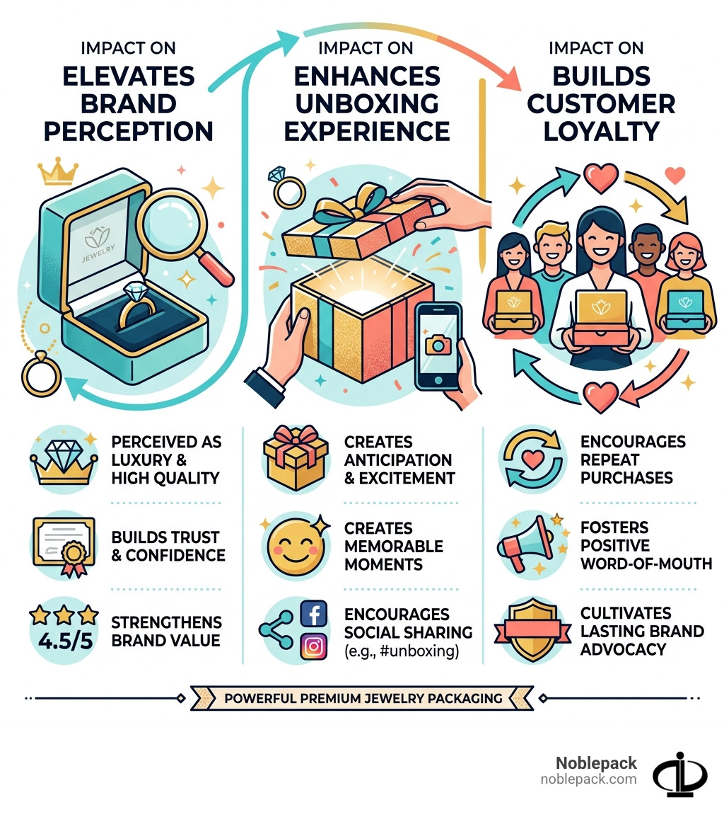 Infographic showing how premium jewelry packaging impacts brand perception, unboxing experience, and customer loyalty Infographic showing how premium jewelry packaging impacts brand perception, unboxing experience, and customer loyalty