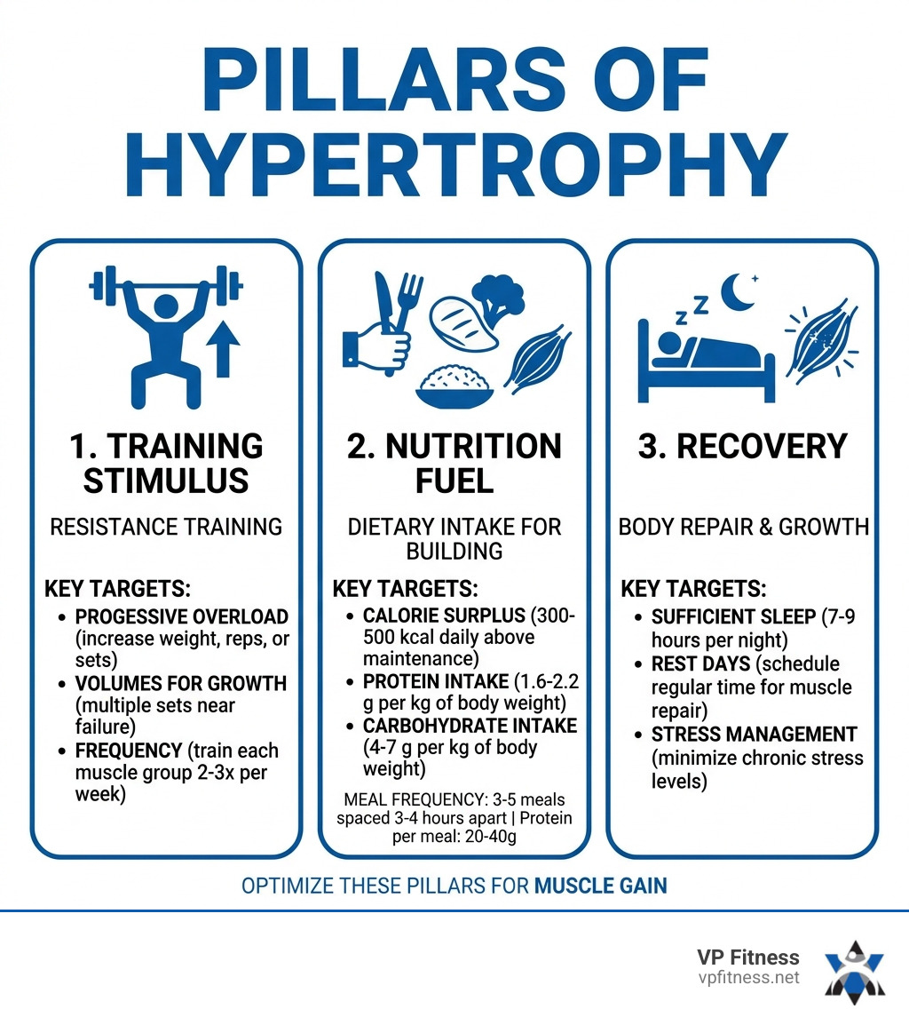 Pillars of hypertrophy: training stimulus, recovery, and nutrition fuel with key targets - nutrition for muscle gain