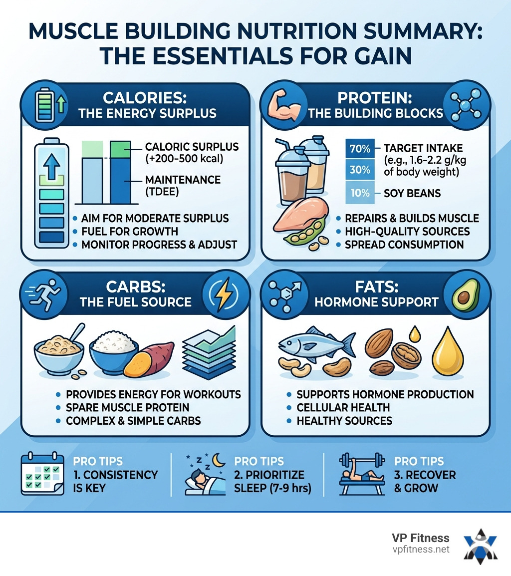 Infographic summary of muscle building nutrition: Calories, Protein, Carbs, and Fats - nutrition for muscle gain infographic 