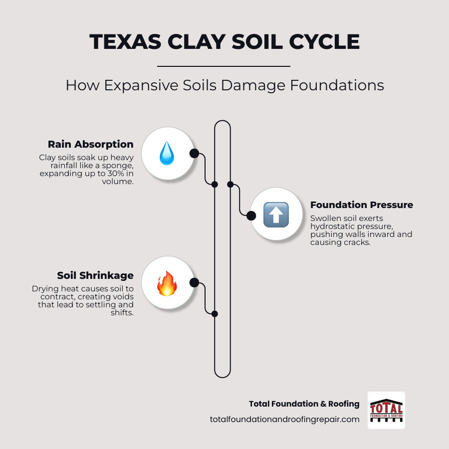 Infographic showing the cycle of soil expansion and contraction in Texas clay - foundation waterproofing contractor Infographic showing the cycle of soil expansion and contraction in Texas clay - foundation waterproofing contractor