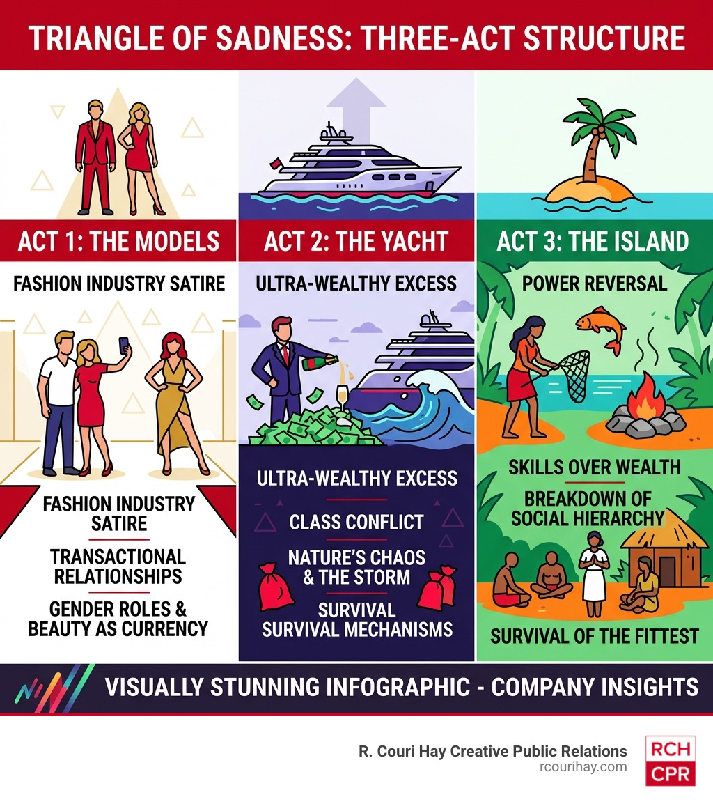 Three-act structure of Triangle of Sadness: The Models, The Yacht, The Island with key themes - triangle of sadness Three-act structure of Triangle of Sadness: The Models, The Yacht, The Island with key themes - triangle of sadness
