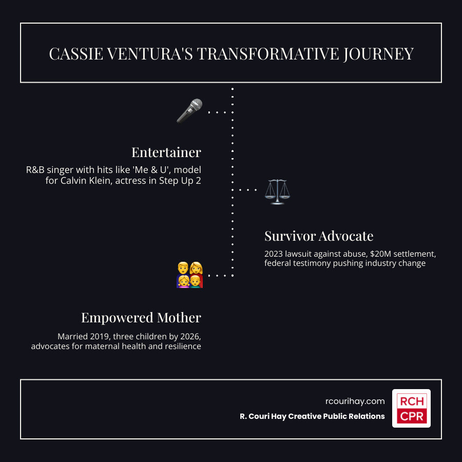 Infographic showing Cassie's transition from entertainer to advocate for maternal health and survivor rights - cassie Infographic showing Cassie's transition from entertainer to advocate for maternal health and survivor rights - cassie