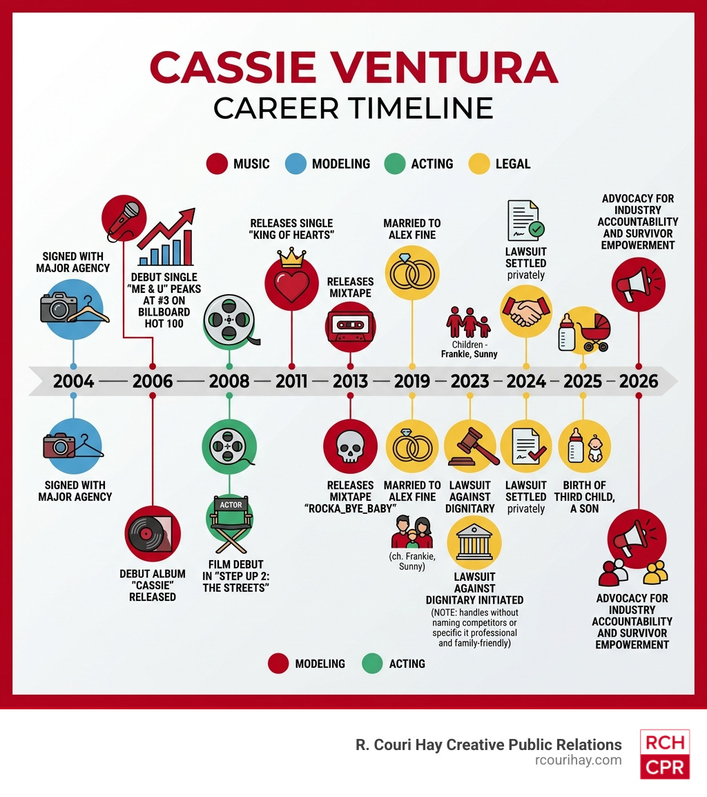 Cassie Ventura career timeline infographic from 2004 to 2026 showing music, modeling, acting, and legal milestones - cassie Cassie Ventura career timeline infographic from 2004 to 2026 showing music, modeling, acting, and legal milestones - cassie