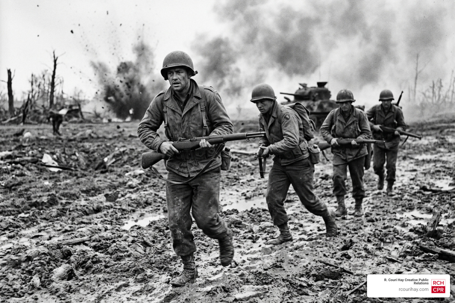 World War II soldiers in motion during a relentless campaign - one battle after another