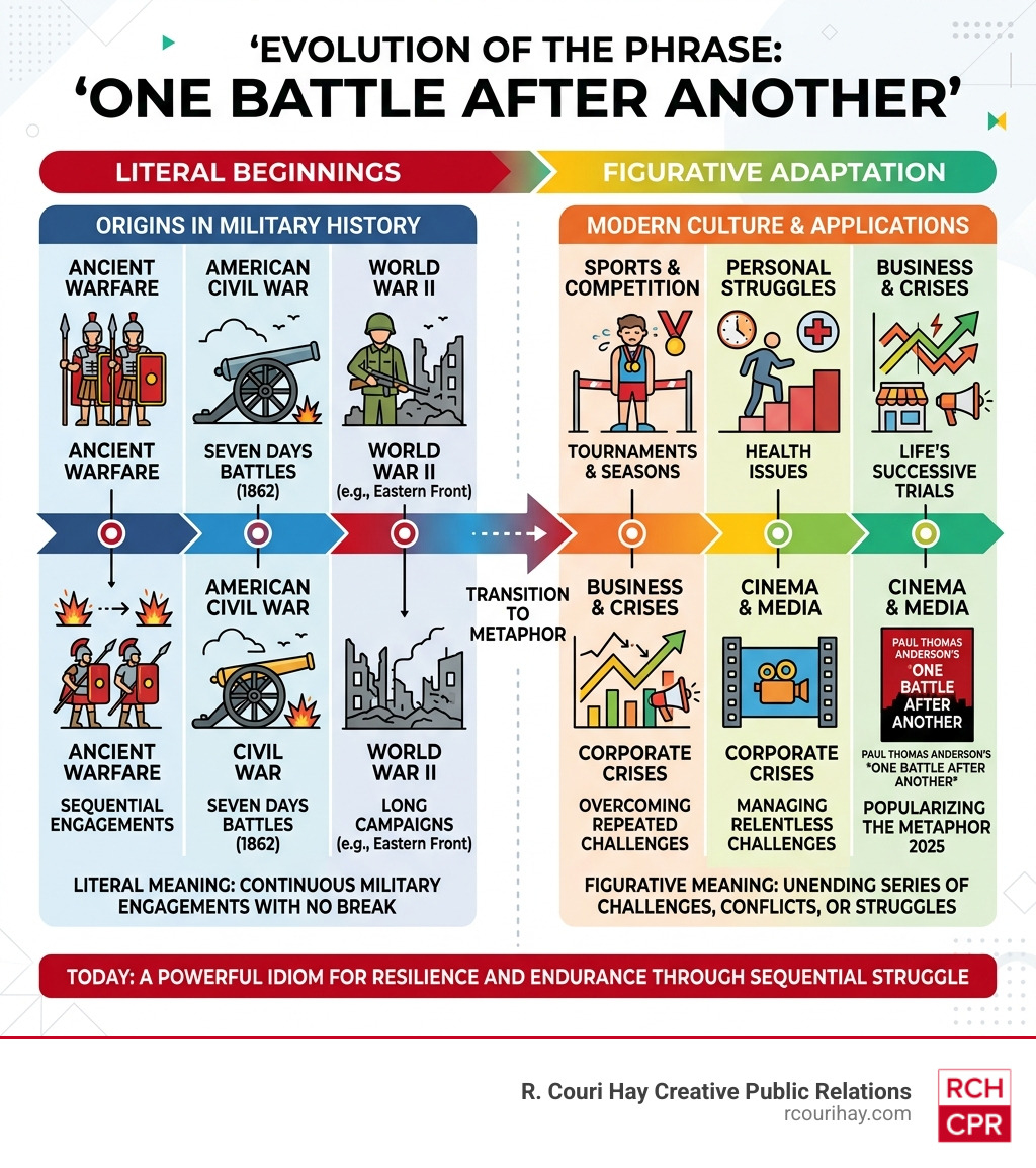 Infographic showing the evolution of the phrase one battle after another from military history to modern culture - one