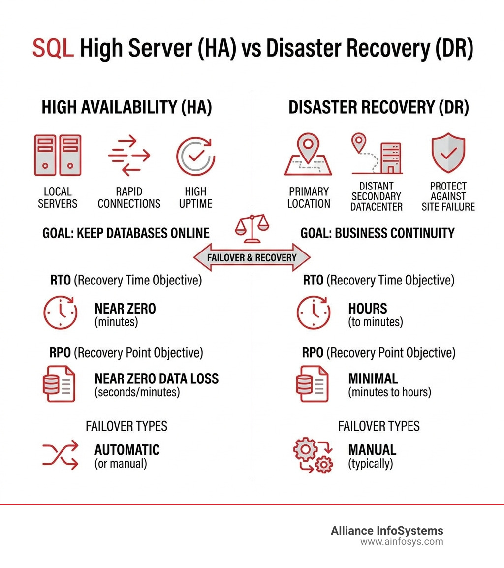 Infographic comparing SQL Server HA vs DR solutions with RTO RPO and failover types - sql server high availability Infographic comparing SQL Server HA vs DR solutions with RTO RPO and failover types - sql server high availability