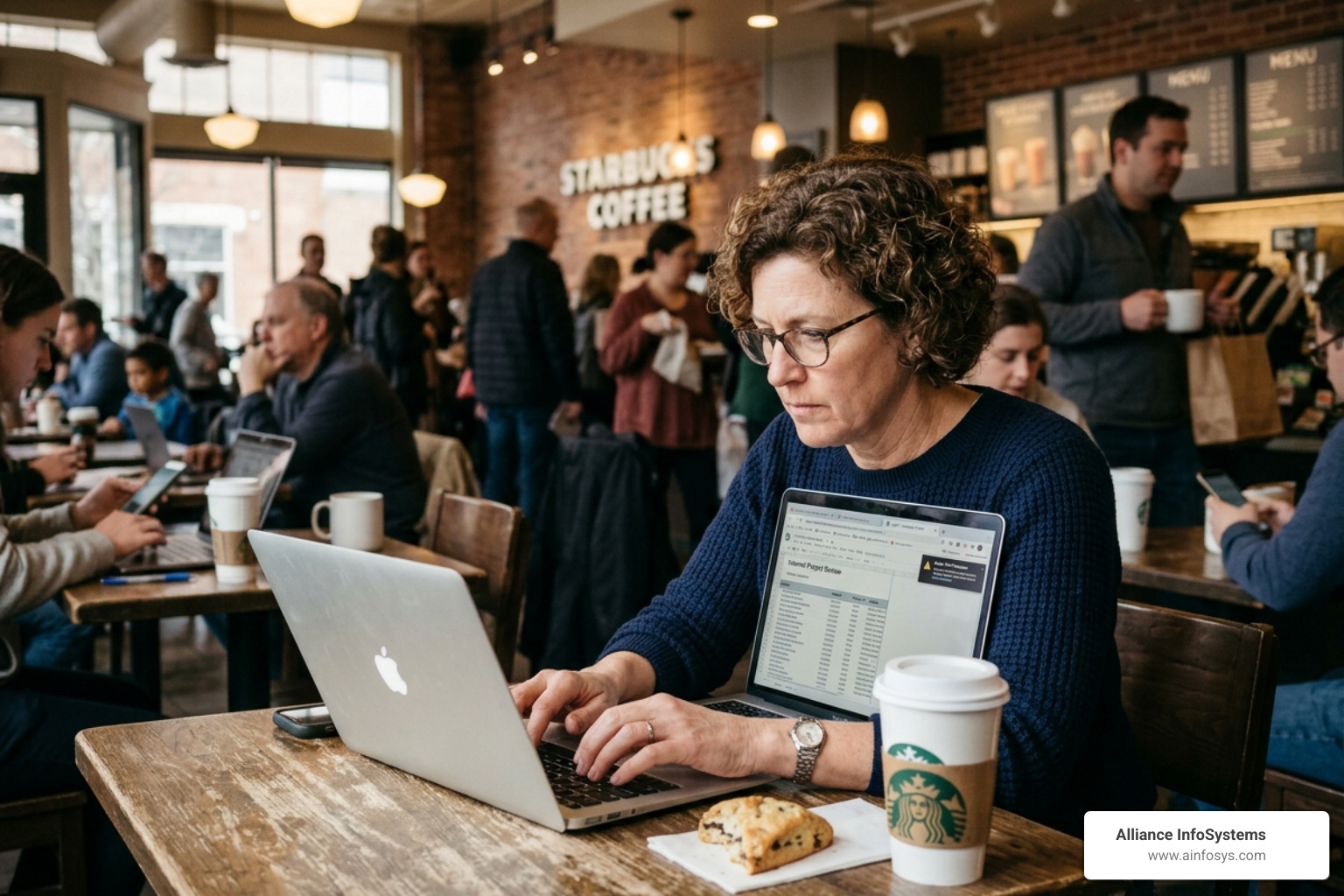 A remote worker using a laptop in a coffee shop, illustrating the need for web-based security - web data loss prevention A remote worker using a laptop in a coffee shop, illustrating the need for web-based security - web data loss prevention