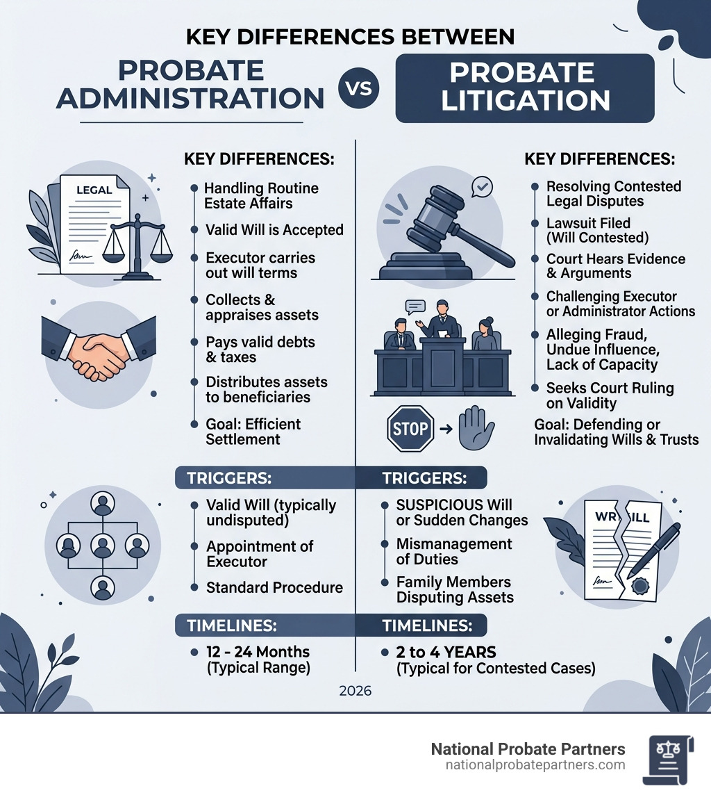 Infographic: Probate Administration vs Probate Litigation — key differences, triggers, and timelines - probate litigation