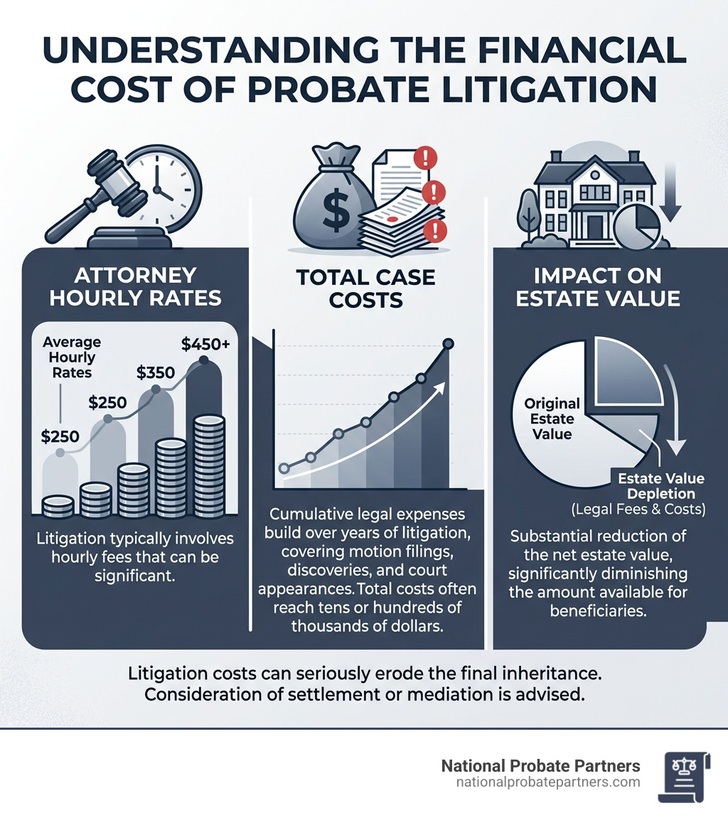 Infographic: The Financial Cost of Probate Litigation — average hourly rates, total case costs, and impact on estate value