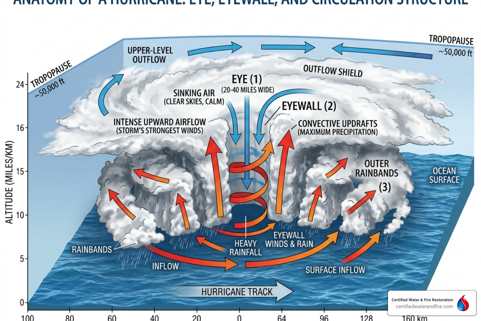 Diagram of a hurricane's eye and eyewall structure with airflow arrows - how do hurricanes form