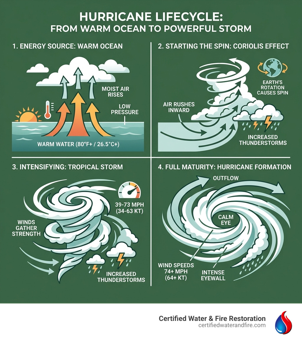 Hurricane lifecycle infographic: warm ocean water, rising air, Coriolis spin, tropical storm, hurricane eye formation - how