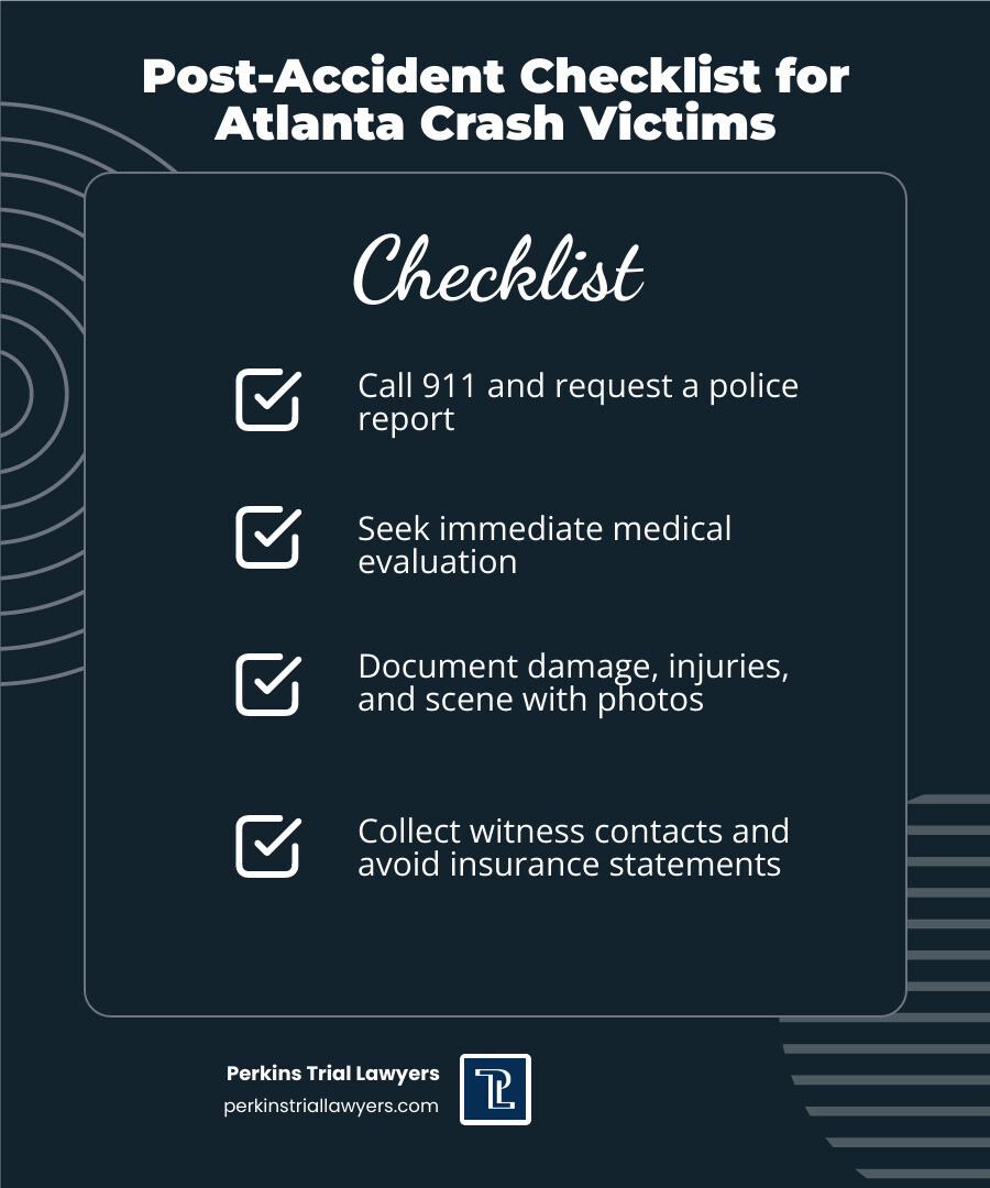 Post-accident checklist for Atlanta car crash victims: steps, rights, and deadlines - atlanta car crash lawyer infographic