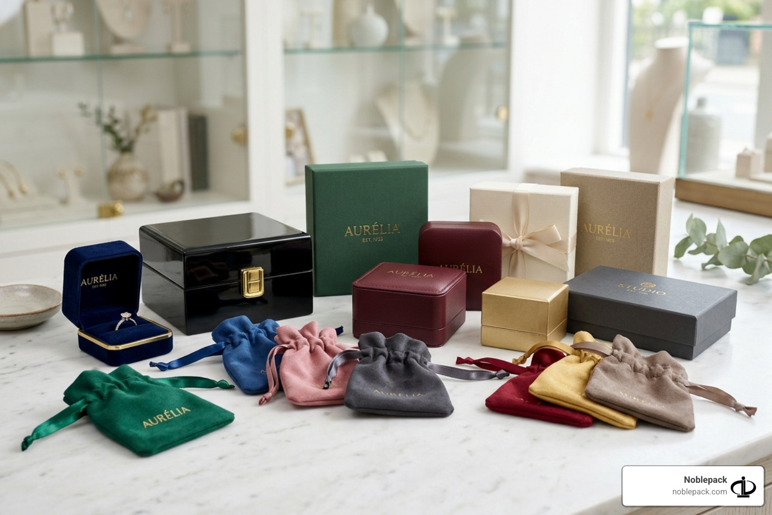 Collection of rigid jewelry boxes and soft microfiber pouches in various colors - jewelry business packaging