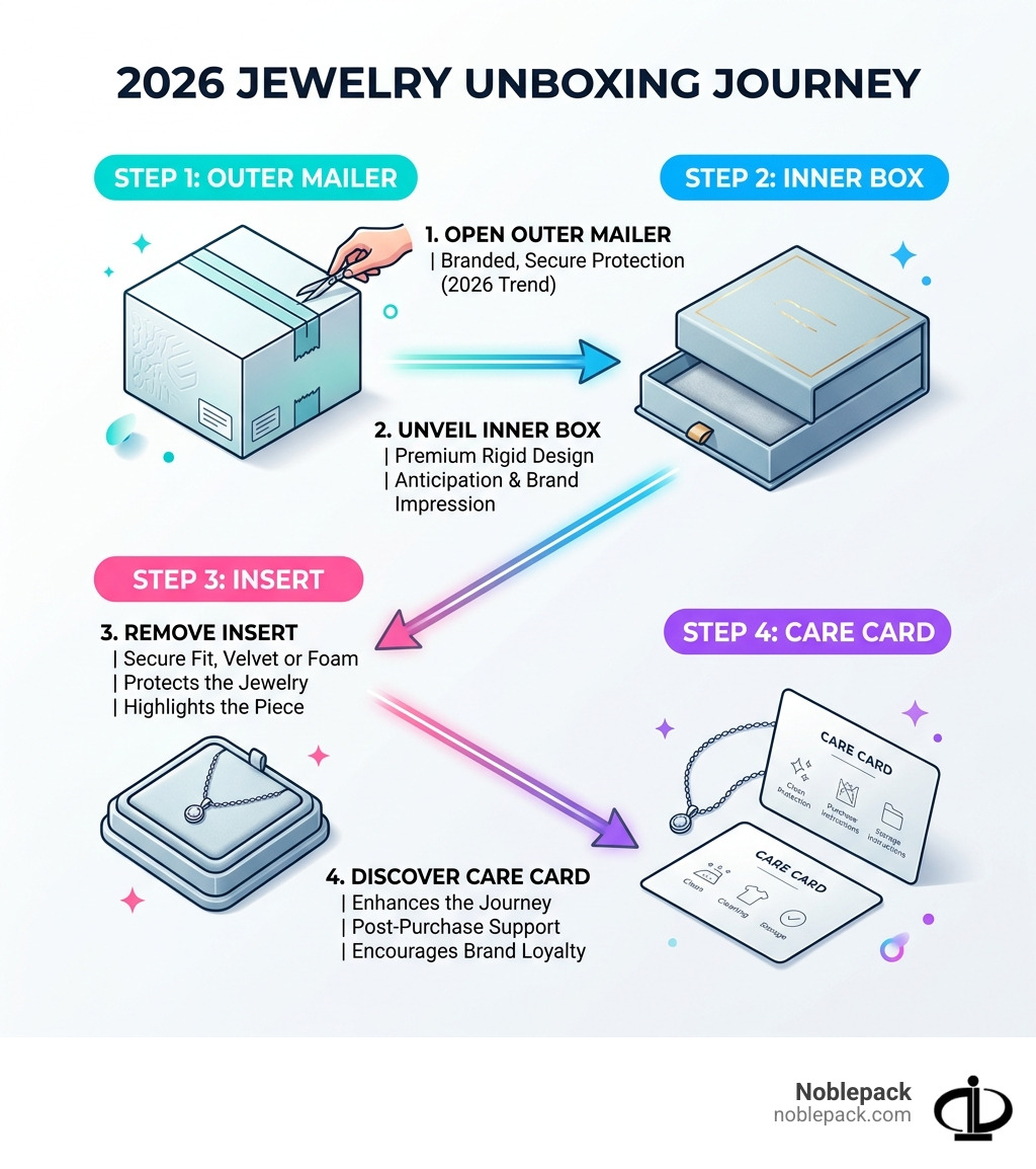 Infographic showing the 2026 jewelry unboxing journey from outer mailer to inner box to insert to care card - jewelry